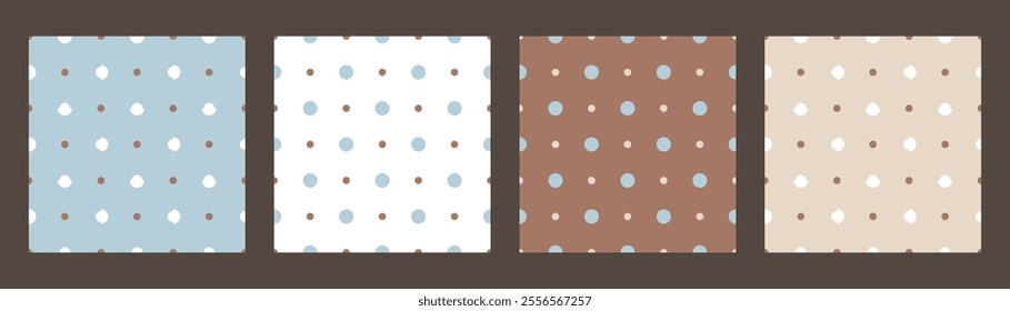 Dots seamless patterns set. Geometric dotted beige, blue, white and mocha colors backgrounds. Polka Dots textile design, wallpaper, wrapping paper