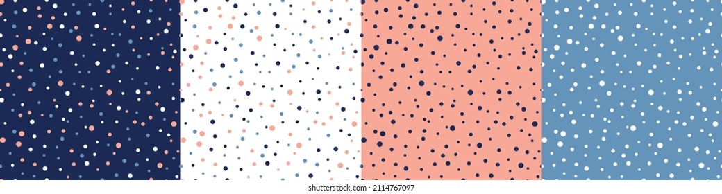 Dots Seamless Patterns Vector Set. Abstract Geometric Multicolor Backgrounds with Small Circles. Polka Dots Wallpaper. Indigo,  Blue, White and Pink Colors