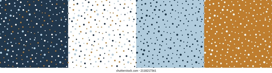 Dots Seamless Patterns Vector Set. Abstract Geometric Multicolor Backgrounds with Small Circles. Polka Dots Wallpaper. Blue, White and Yellow Mustard Colors