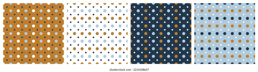 Dots Seamless Patterns Vector Set. Abstract Geometric Multicolor Backgrounds with Simple Circles. Polka Dots Wallpaper. Blue, White and Yellow Mustard Colors.