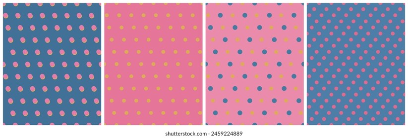 Dots Seamless Patterns Vector Set. Abstract oblique pattern with polka dots. Polka Dots Wallpaper. Blue, Pink and Yellow Colors