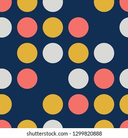 Dots Seamless Vector Pattern. Skipped circles blue, coral, yellow, gray. Feminine polka dots background for Trendy Home Decor, Feminine Fashion Prints, Cute Wallpaper, Girl Apparel Textile, Packaging