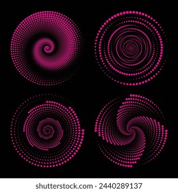 Dots, speckles abstract concentric circle. Spiral, swirl, twirl element.Circular and radial lines volute, helix.Segmented circle with rotation.Radiating arc lines. Cochlear, set.