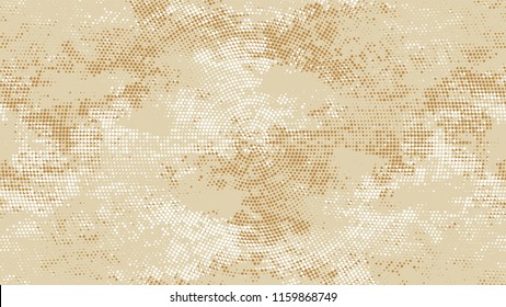 Dots and Spots of Halftone Grunge Background. Retro Spotted Pattern. Dirty Weathered Style Texture. Beige Monochrome Print Design Background.