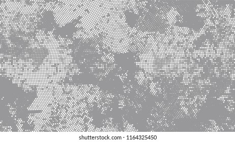 Dots and Spots of Halftone Grunge Background. Cartoon Cracked Noisy Surface Pattern Design. Faded Dyed Style Texture. White and Gray Monochrome Print Design Background.