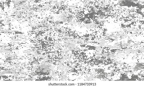 Dots and Spots of Halftone Grunge Background. Vintage Dirty Dotted Pattern. Dirty Weathered Style Texture. Black and White Noise Fashion Print Design Background.