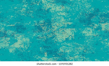 Dots and Spots of Halftone Grunge Background. Distressed Grungy Pattern. Splatter Style Texture. Turquoise and Beige Broken, Spotted Print Design Background.