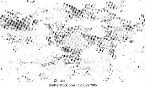 Dots and Spots of Halftone Grunge Background. Vintage Dirty Dotted Pattern. Faded Dyed Style Texture. Black and White Broken, Spotted Print Design Background.