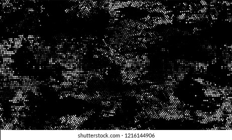 Dots and Spots of Halftone Grunge Background. Distressed Grungy Pattern Design. Polka Dots Style Texture. Black and White Monochrome Print Design Pattern.