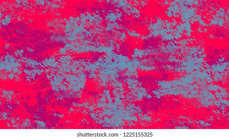 Dots and Spots of Halftone Grunge Background. Vintage Dirty Dotted Pattern. Faded Dyed Style Texture. Turquoise and Red Noise Fashion Print Design Background.