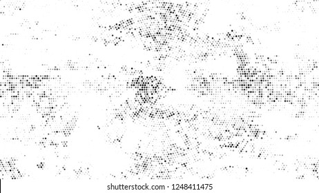 Dots and Spots of Halftone Grunge Background. Distressed Grungy Pattern Design. Scatter Style Texture. Black and White Broken, Spotted Print Design Background.
