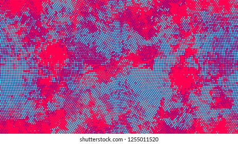 Dots and Spots of Halftone Grunge Background. Cartoon Vintage Pattern. Scatter Style Texture. Turquoise and Red Monochrome Print Design Pattern.