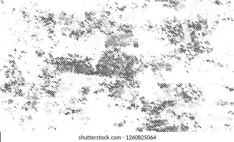 Dots And Spots Of Halftone Grunge Background. Cartoon Cracked Noisy Surface Pattern Design. Splatter Style Texture. Black And White Monochrome Print Design Pattern.
