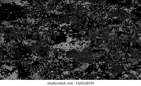 Dots and Spots of Halftone Grunge Background. Distressed Grungy Pattern Design. Scatter Style Texture. Black and White Monochrome Print Design Pattern.