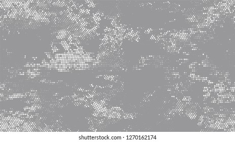 Dots and Spots of Halftone Grunge Background. Vintage Dirty Dotted Pattern. Overlay Grainy Style Texture. White and Gray Monochrome Print Design Pattern.