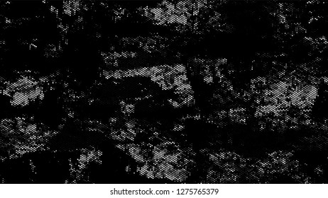 Dots and Spots of Halftone Grunge Background. Cartoon Cracked Noisy Surface Pattern Design. Overlay Grainy Style Texture. Black and White Monochrome Print Design Pattern.