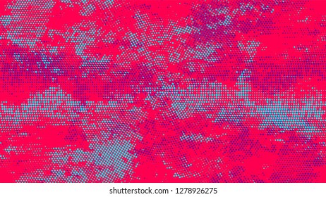 Dots and Spots of Halftone Grunge Background. Vintage Dirty Dotted Pattern. Faded Dyed Style Texture. Turquoise and Red Broken, Spotted Print Design Pattern.