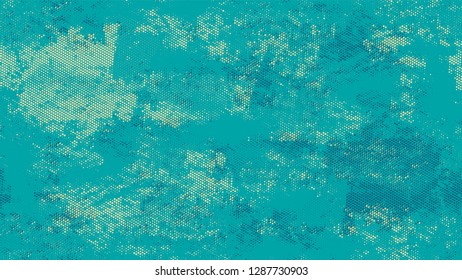 Dots and Spots of Halftone Grunge Background. Retro Spotted Pattern. Splatter Style Texture. Turquoise and Beige Broken, Spotted Print Design Background.