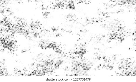 Dots and Spots of Halftone Grunge Background. Vintage Dirty Dotted Pattern. Dirty Weathered Style Texture. Black and White Monochrome Print Design Pattern.
