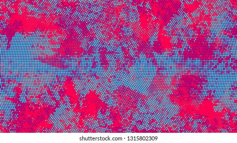 Dots and Spots of Halftone Grunge Background. Rough Grungy Pattern Design. Polka Dots Style Texture. Turquoise and Red Broken, Spotted Print Design Pattern.