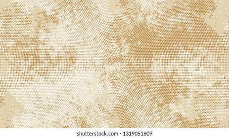 Dots and Spots of Halftone Grunge Background. Vintage Dirty Dotted Pattern. Dirty Weathered Style Texture. Beige Monochrome Print Design Pattern.