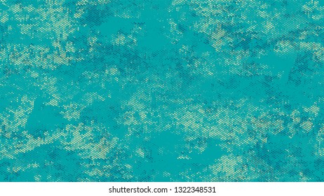 Dots and Spots of Halftone Grunge Background. Rough Grungy Pattern Design. Dirty Weathered Style Texture. Turquoise and Beige Broken, Spotted Print Design Background.
