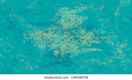 Dots and Spots of Halftone Grunge Background. Distressed Grungy Pattern Design. Overlay Grainy Style Texture. Turquoise and Beige Noise Fashion Print Design Background.