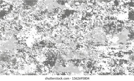 Dots and Spots of Halftone Grunge Background. Distressed Grungy Pattern Design. Splatter Style Texture. Black and White Noise Fashion Print Design Background.