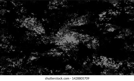 Dots and Spots of Halftone Grunge Background. Vintage Dirty Dotted Pattern. Overlay Grainy Style Texture. Black and White Noise Fashion Print Design Background.