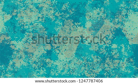 Dots and Spots of Halftone Grunge Background. Cartoon Vintage Pattern. Dirty Weathered Style Texture. Turquoise and Beige Monochrome Print Design Background.