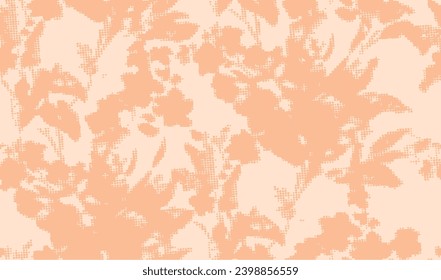 Dots and Spots of Halftone Grunge floral silhouette  Background. 2024 colors of year peach fuzz Seamless Pattern Design. Polka  Style Texture. Broken,  Print Design 