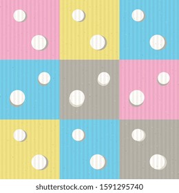 Dots and squares seamless vector pattern background design in pastel colors with kraft paper texture overlay. EPS10 file with transparency mode.