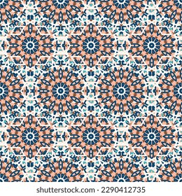 Puntos, estrellas y mandalas, vectores sin fisuras de patrón bohemio. Huella colorida brillante en estilo boho