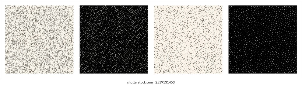 Dots, stipples seamless vector patterns set, dotwork backgrounds collection. Stippled stippling grainy textures. Chaotic tiny round even spots, blobs, specks, flecks. Various density dotted templates