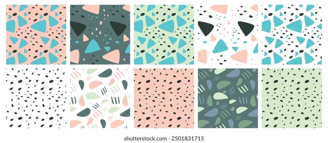 Punkte, Steinflecken und Mosaikformen. Satz von nahtlosen Mustern mit verschiedenen abstrakten. Minimalismus interessantes dynamisches Design für Print-, Mode- oder trendige Designprojekte.