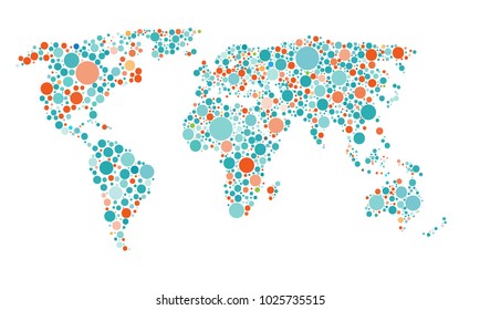 Dots style world map. Abstract world map of green round dots. Vector illustration.