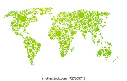 Dots style world map. Abstract world map of green round dots. Vector illustration