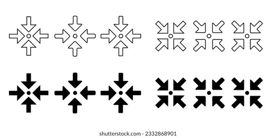 Dots symbol. Fullscreen or expand to full screen for web and mobile app. Full screen and exit full screen. Four arrow pointing to different directions. Dot, center point direction. 4 arrows icon.