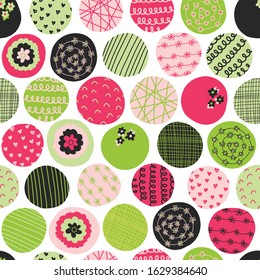 Dots with texture green pink black seamless vector pattern. Colorful circles repeating background. Abstract modern hand drawn doodle backdrop for textile, fabric print, decor, packaging, kids market