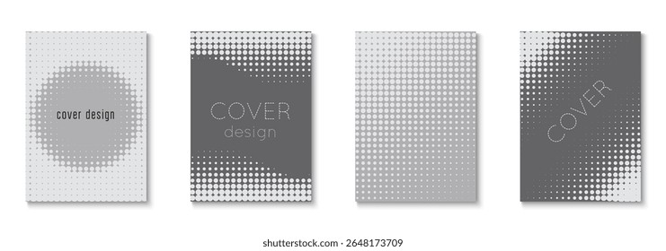 Dots Texture Set. Modern Tech With Simple Shapes. Futuristic Elements On Flat Page. Brand Cover. Business Black And Greyscale  Flyer. Grey Line Pattern. White Dots Texture