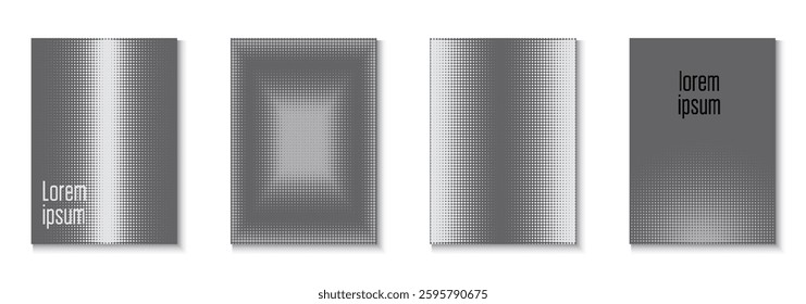 Dots Texture Set. Summer Circles With Modern Art. Linear Shapes In Annual Frame. Graphic Template. Line White And Grey  Flyer. Black Halftone Poster. Greyscale Dots Texture