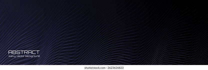 Dots wave background. Abstract digital design with dynamic purple particles on a dark surface. Futuristic tech vibe for presentations and web design. Vector Illustration.