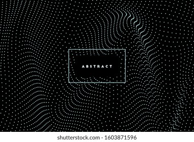 Dots wave. Vector futuristic illustration. Border frame. Technology background. Optical illusion. Fluid, liquid, water, molecule. Black, blue colors. Wallpaper, print, banner, template