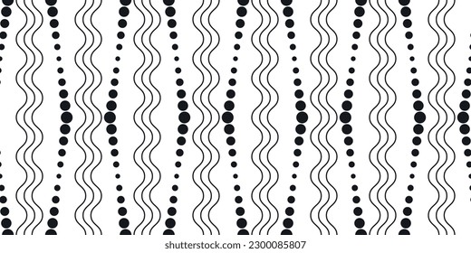 Dots and wavy lines. Black and white pattern of repeating columns.