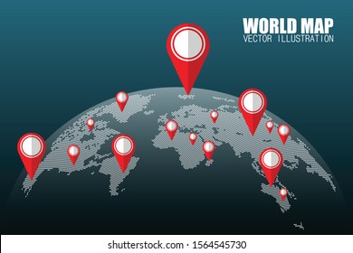 Dots world map with pins vector illustration isolated. Dots that indicate location on map