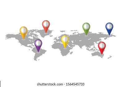 Dots world map with pins vector illustration isolated. Dots that indicate location on map