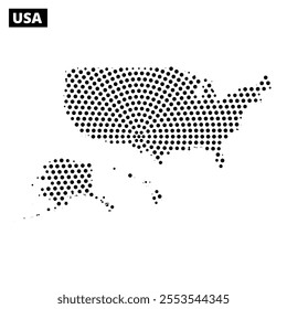 A dot-style illustration outlines the geographical boundaries of the United States, including Alaska and Hawaii.