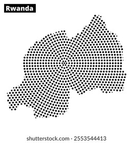 Dot-styled representation of Rwanda showcases its geography, emphasizing landforms and borders for educational purposes.