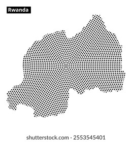 Dot-styled representation of Rwanda showcases its geography, emphasizing landforms and borders for educational purposes.