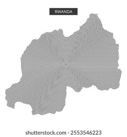 Dot-styled representation of Rwanda showcases its geography, emphasizing landforms and borders for educational purposes.